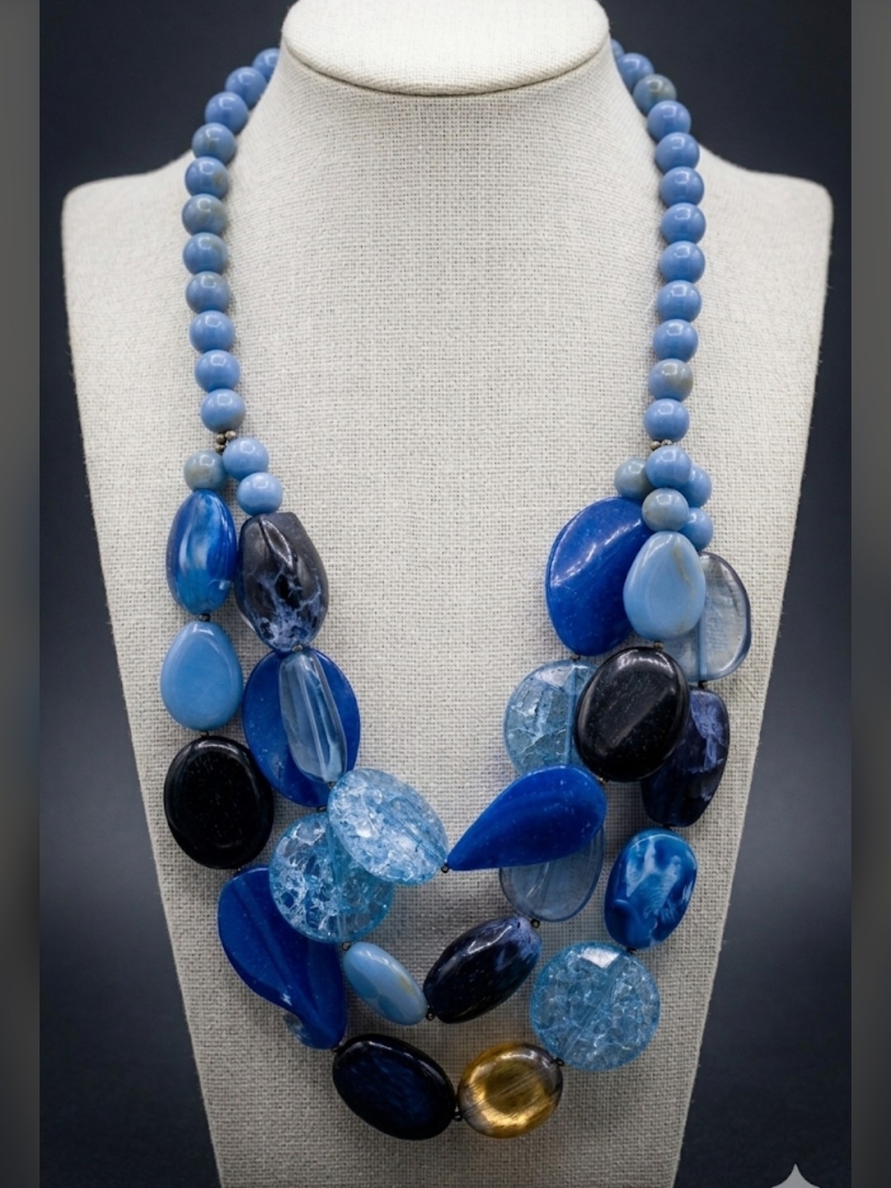 Vintage Chunky Multi-Strand Blue Bead Statement Necklace